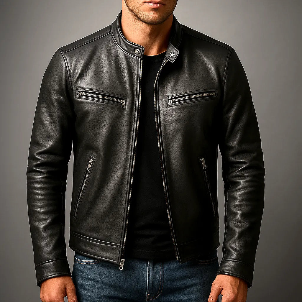 Men's Biker Jacket with Zip-Front Closure & Snap Collar - Worn Front Detail