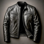 Black Men's Biker Jacket with Zip-Front Closure & Snap Collar