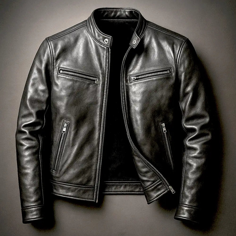 Black Men's Biker Jacket with Zip-Front Closure & Snap Collar