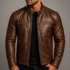 Men's Biker Jacket with Zip-Front Closure & Snap Collar - Worn Close Up