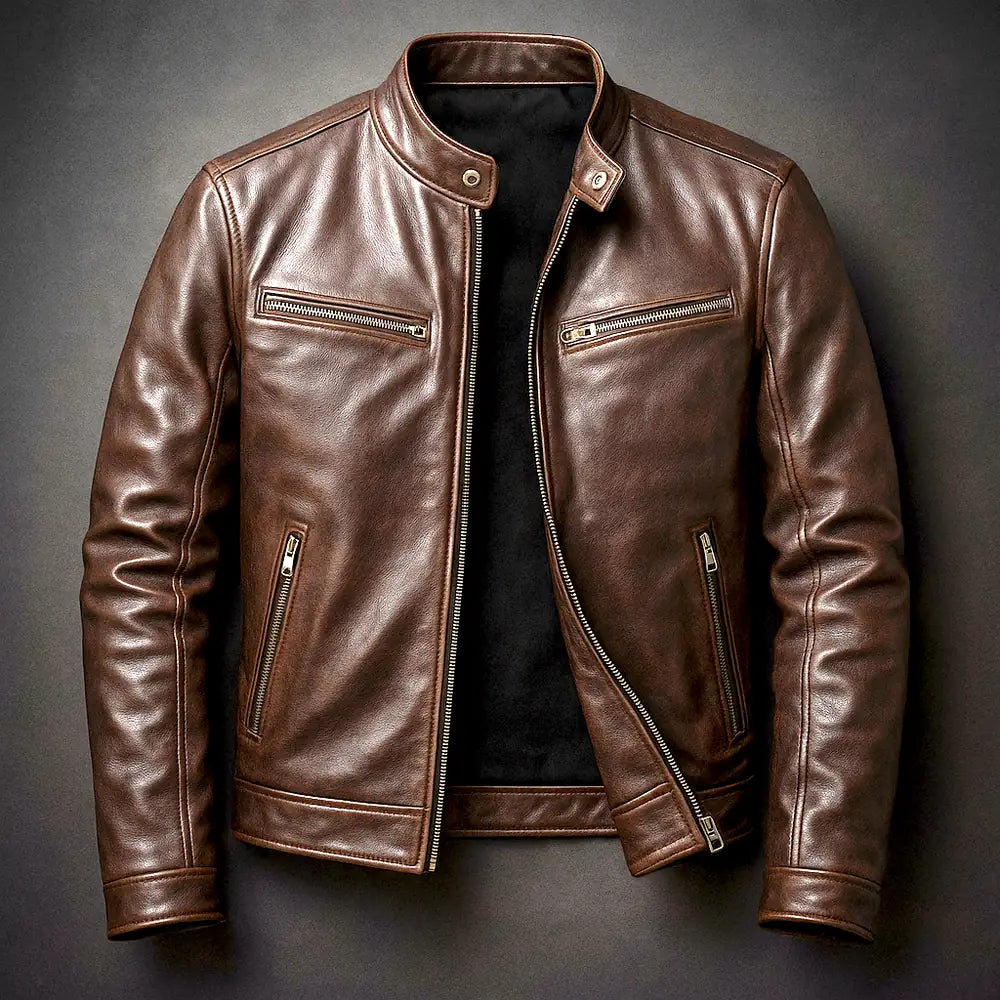 Brown Men's Biker Jacket with Zip-Front Closure & Snap Collar