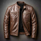 Brown Men's Biker Jacket with Zip-Front Closure & Snap Collar