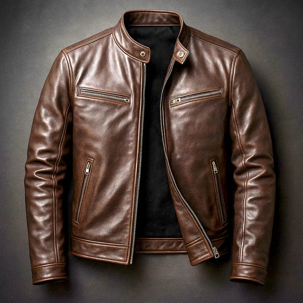 Brown Men's Biker Jacket with Zip-Front Closure & Snap Collar