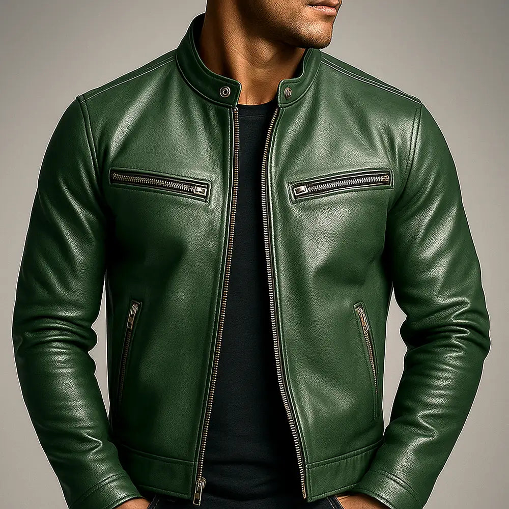 Men's Biker Jacket with Zip-Front Closure & Snap Collar - Worn Collar Close Up