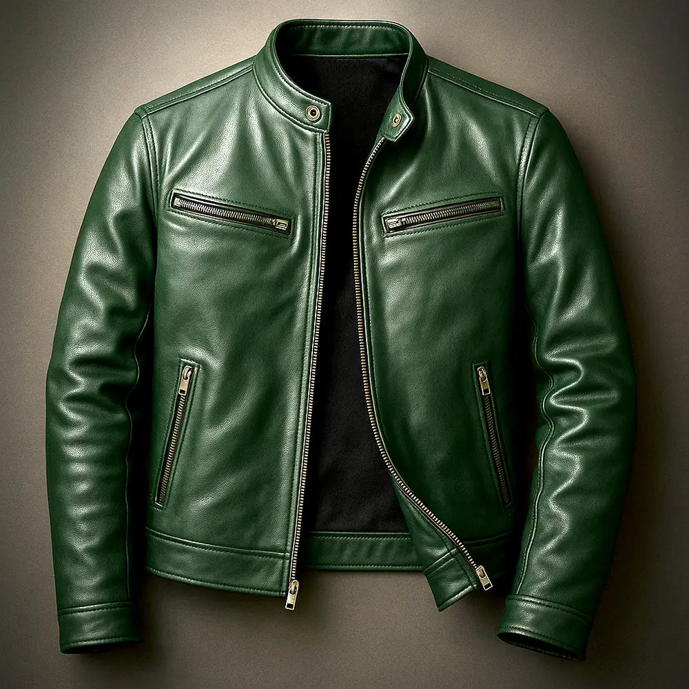 Green Men's Biker Jacket with Zip-Front Closure & Snap Collar