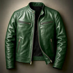 Green Men's Biker Jacket with Zip-Front Closure & Snap Collar