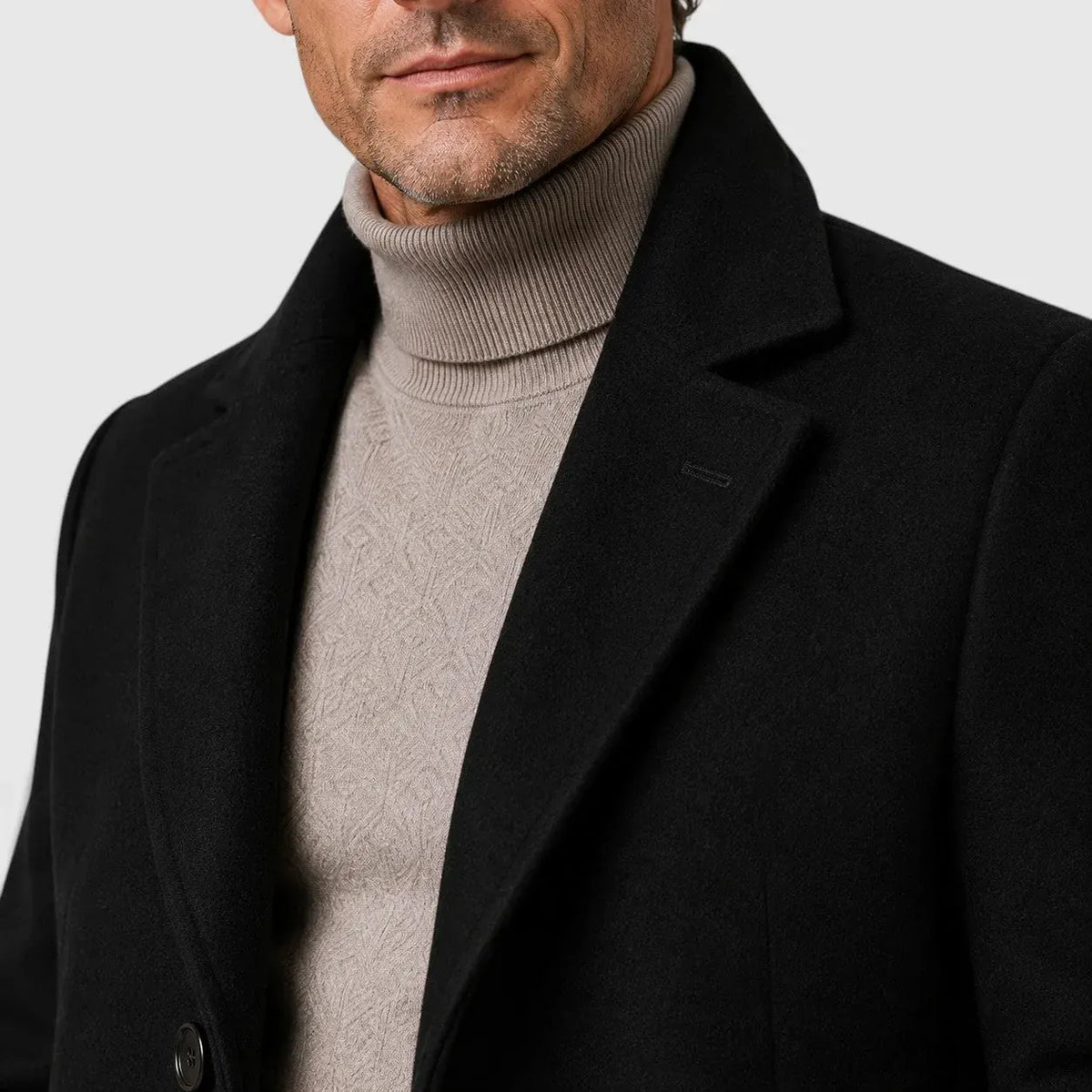 Men's Slim Fit Trench Coat with Button Closure & Notched Lapel - Close Up Collar