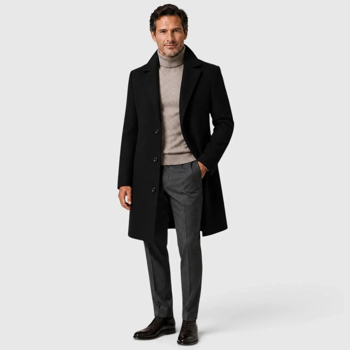 Black Men's Slim Fit Trench Coat with Button Closure & Notched Lapel