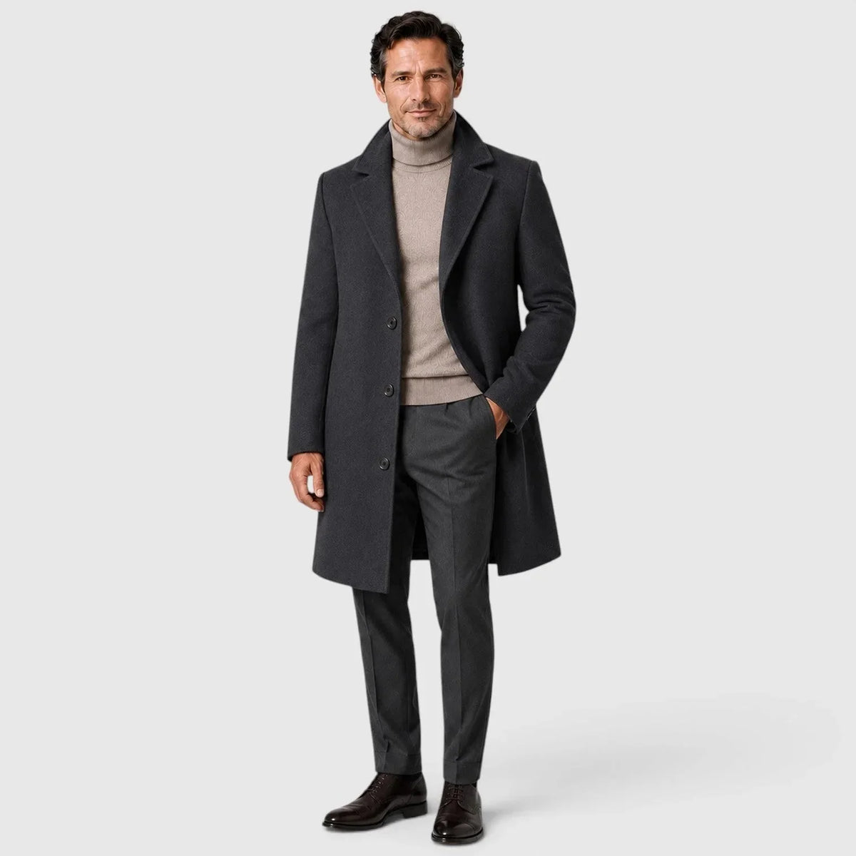 Dark Grey Men's Slim Fit Trench Coat with Button Closure & Notched Lapel - Front Pose