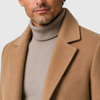 Men's Slim Fit Trench Coat with Button Closure & Notched Lapel - Close Up Neckline