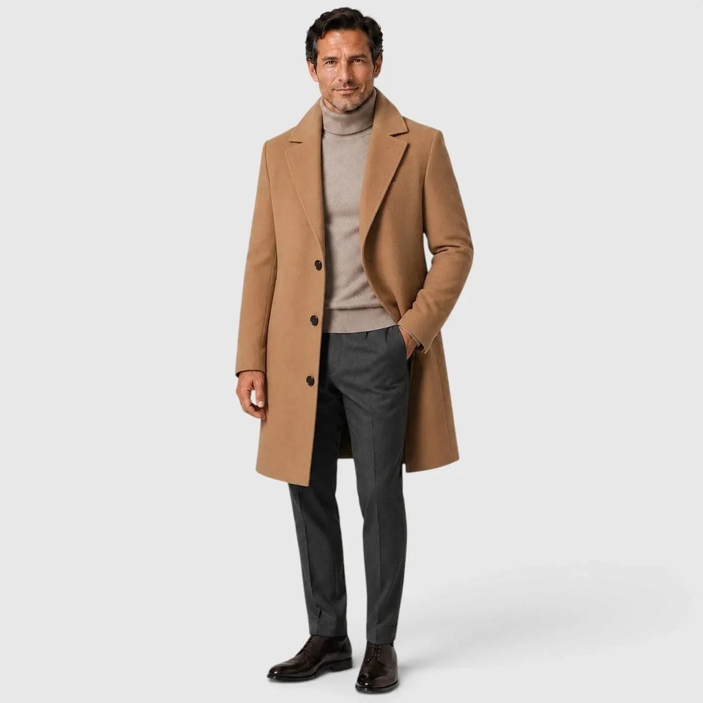 Khaki Men's Slim Fit Trench Coat with Button Closure & Notched Lapel