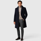 Navy Blue Men's Slim Fit Trench Coat with Button Closure & Notched Lapel - Front Full Standing