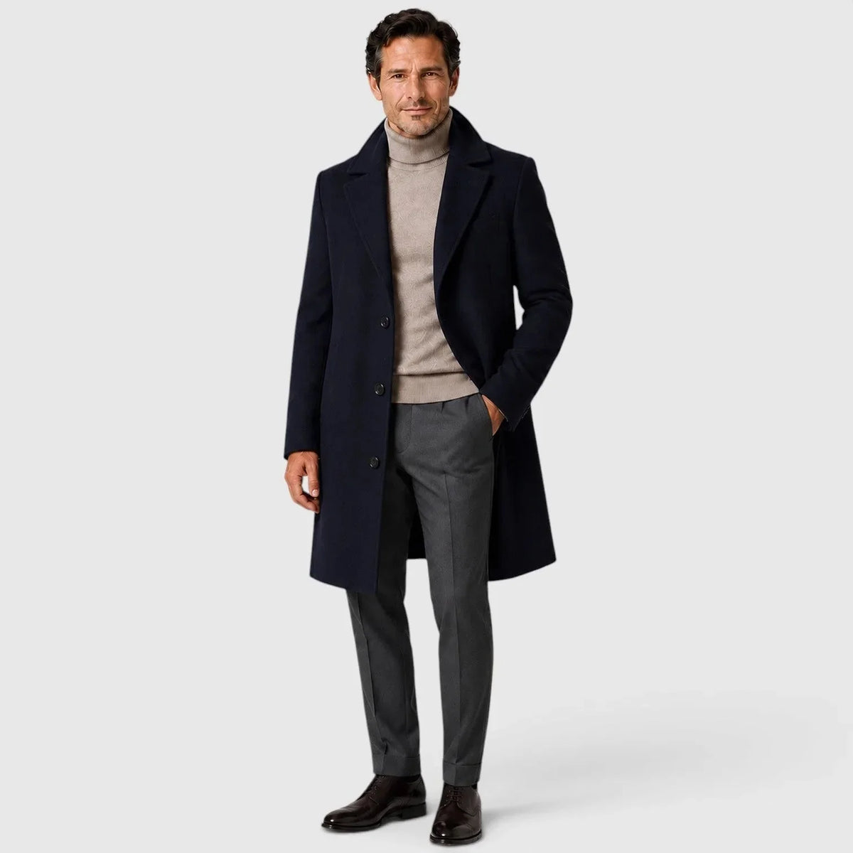 Navy Blue Men's Slim Fit Trench Coat with Button Closure & Notched Lapel - Front Full Standing