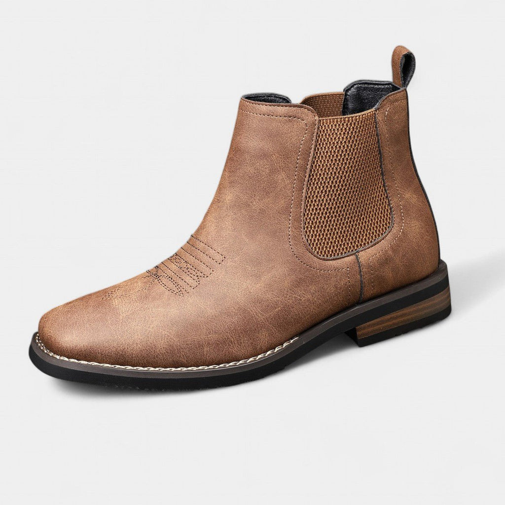 Chestnut Brown Men's Faux Leather Chelsea Boots with Western Stitching & Slip-On Design