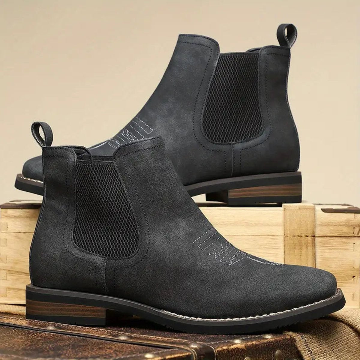 Men's Faux Leather Chelsea Boots with Western Stitching & Slip-On Design — Emmett