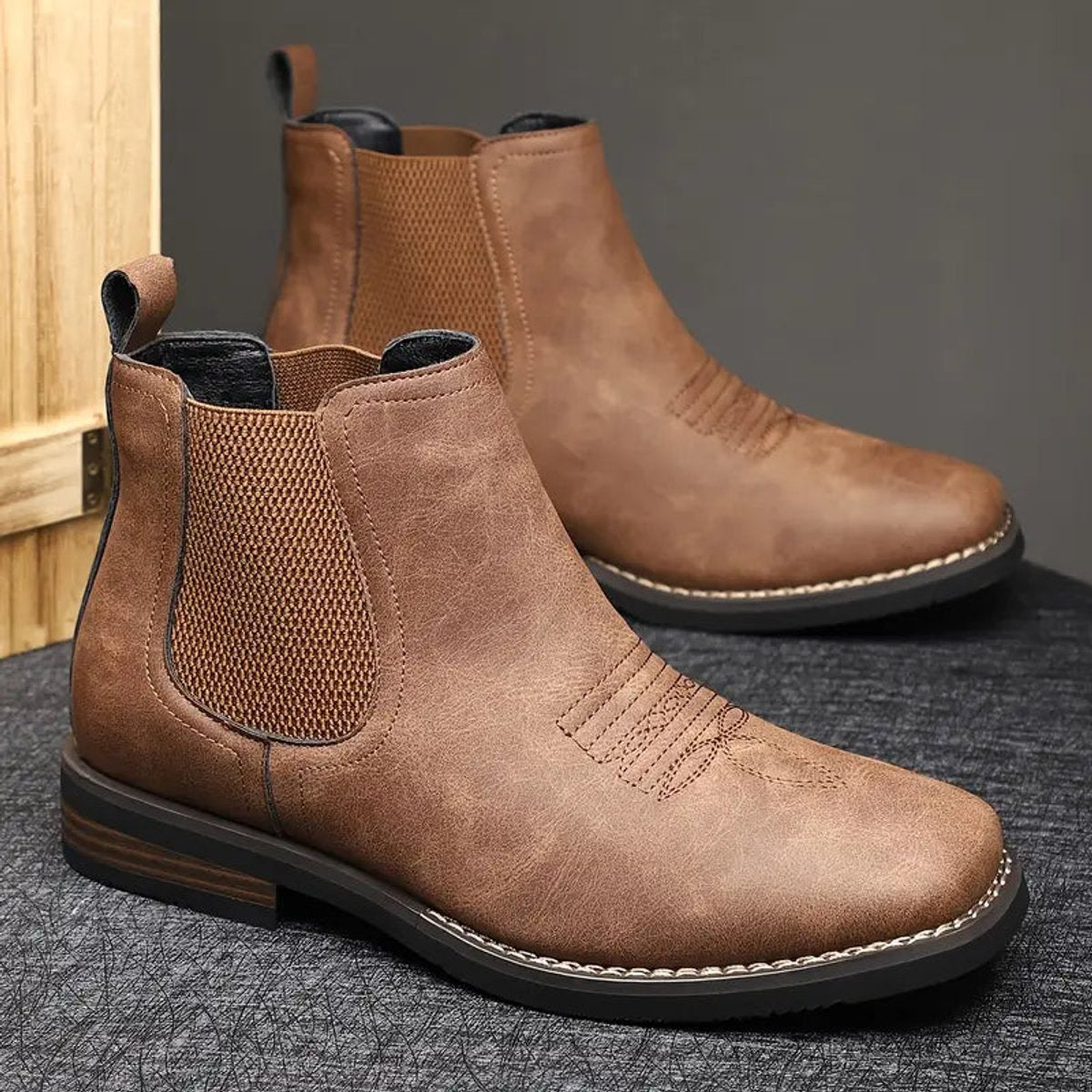 Men's Faux Leather Chelsea Boots with Western Stitching & Slip-On Design — Emmett