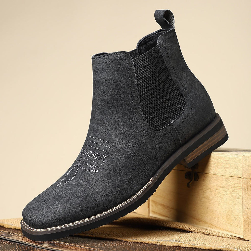 Charcoal Men's Faux Leather Chelsea Boots with Western Stitching & Slip-On Design