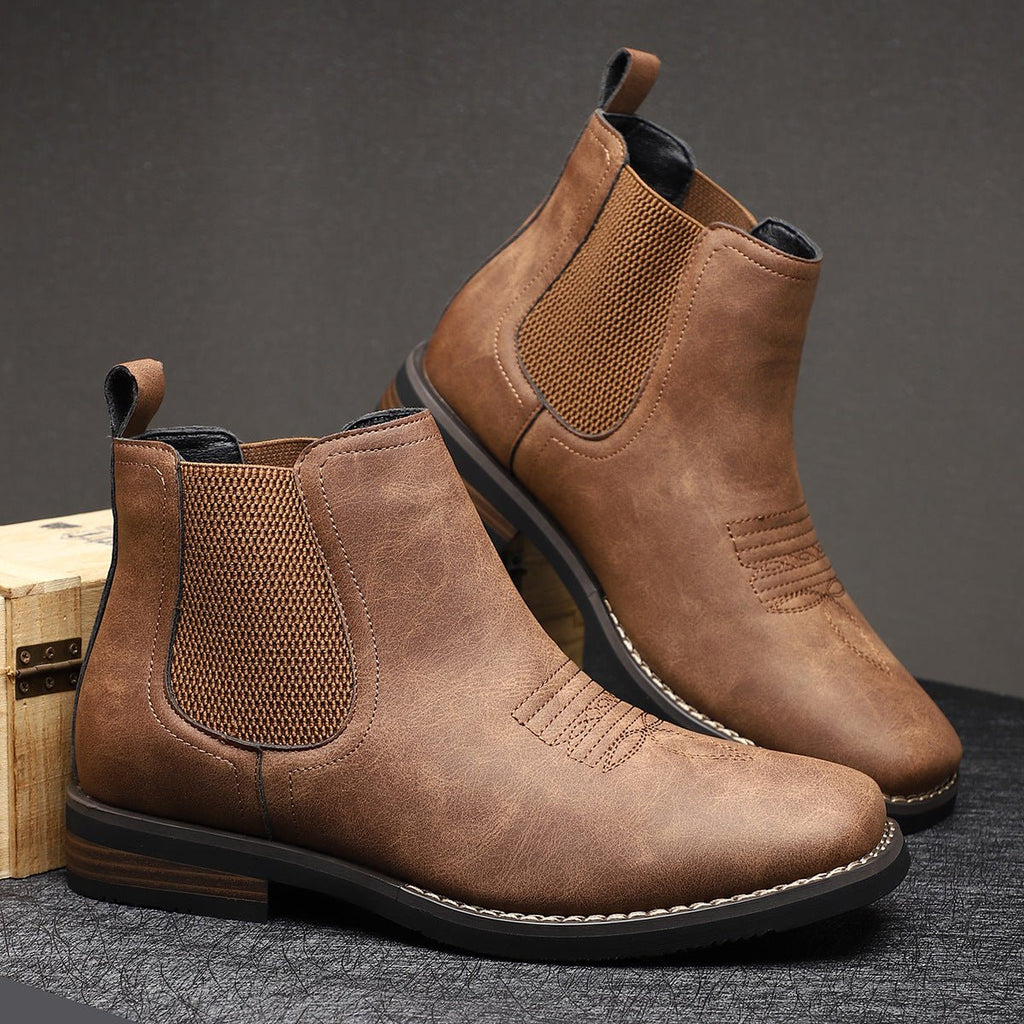 Men's Faux Leather Chelsea Boots with Western Stitching & Slip-On Design — Emmett