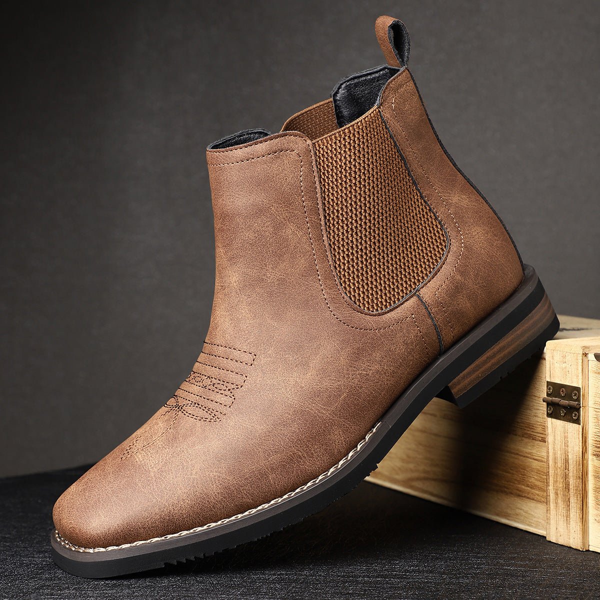 Men's Faux Leather Chelsea Boots with Western Stitching & Slip-On Design — Emmett