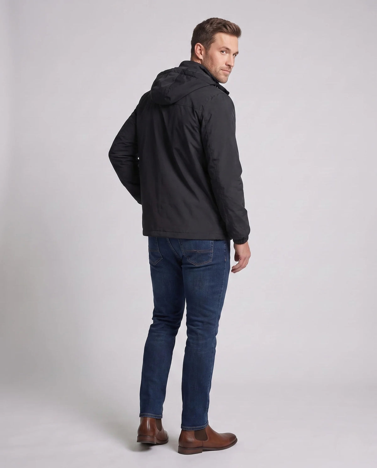 Men's Everyday Softshell Jacket with Hooded Design & Zip Pockets - Back Full