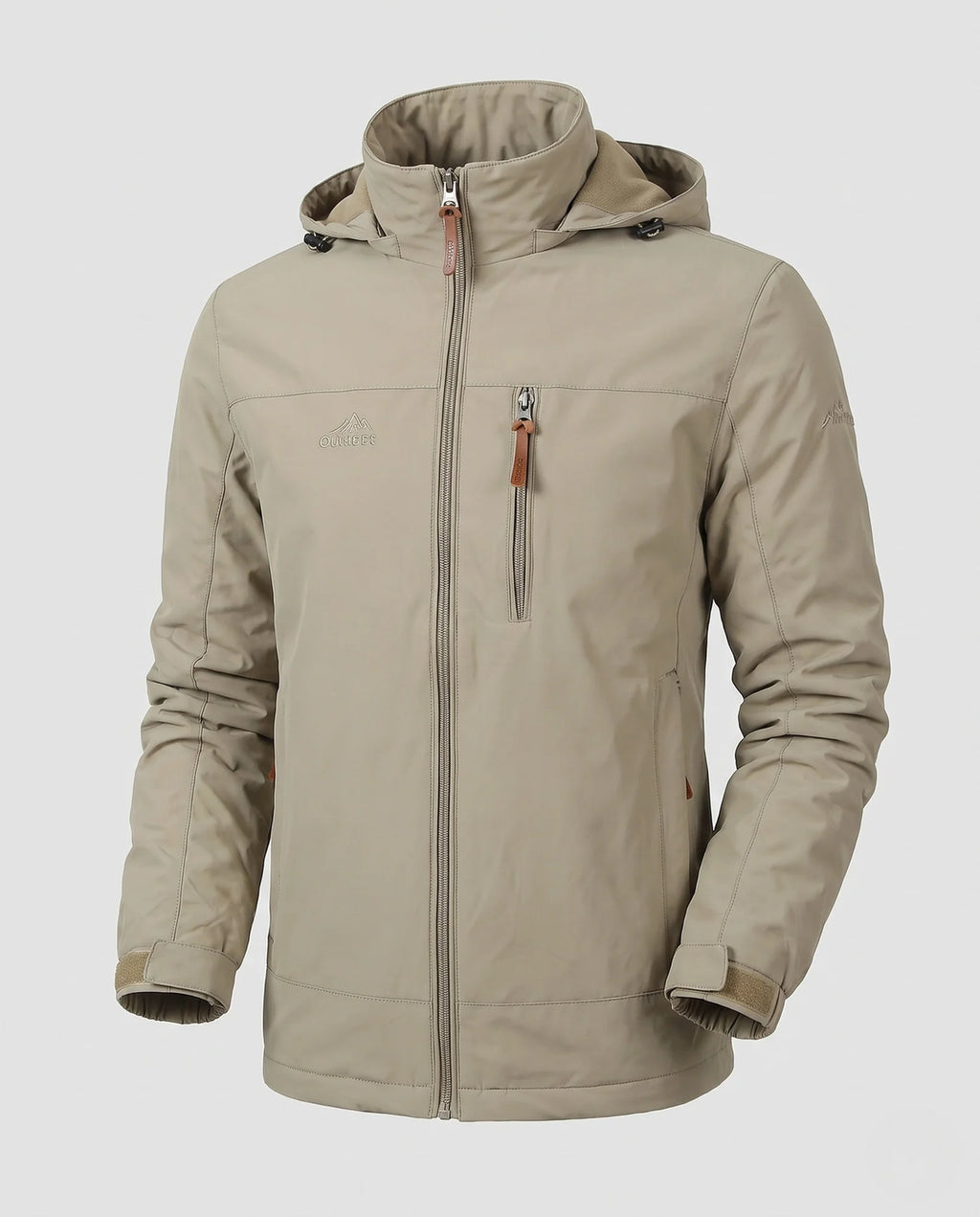 Khaki Men's Everyday Softshell Jacket with Hooded Design & Zip Pockets