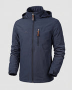 Navy Blue Men's Everyday Softshell Jacket with Hooded Design & Zip Pockets - Flat Lay