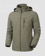 Olive Green Men's Everyday Softshell Jacket with Hooded Design & Zip Pockets - Flat Lay