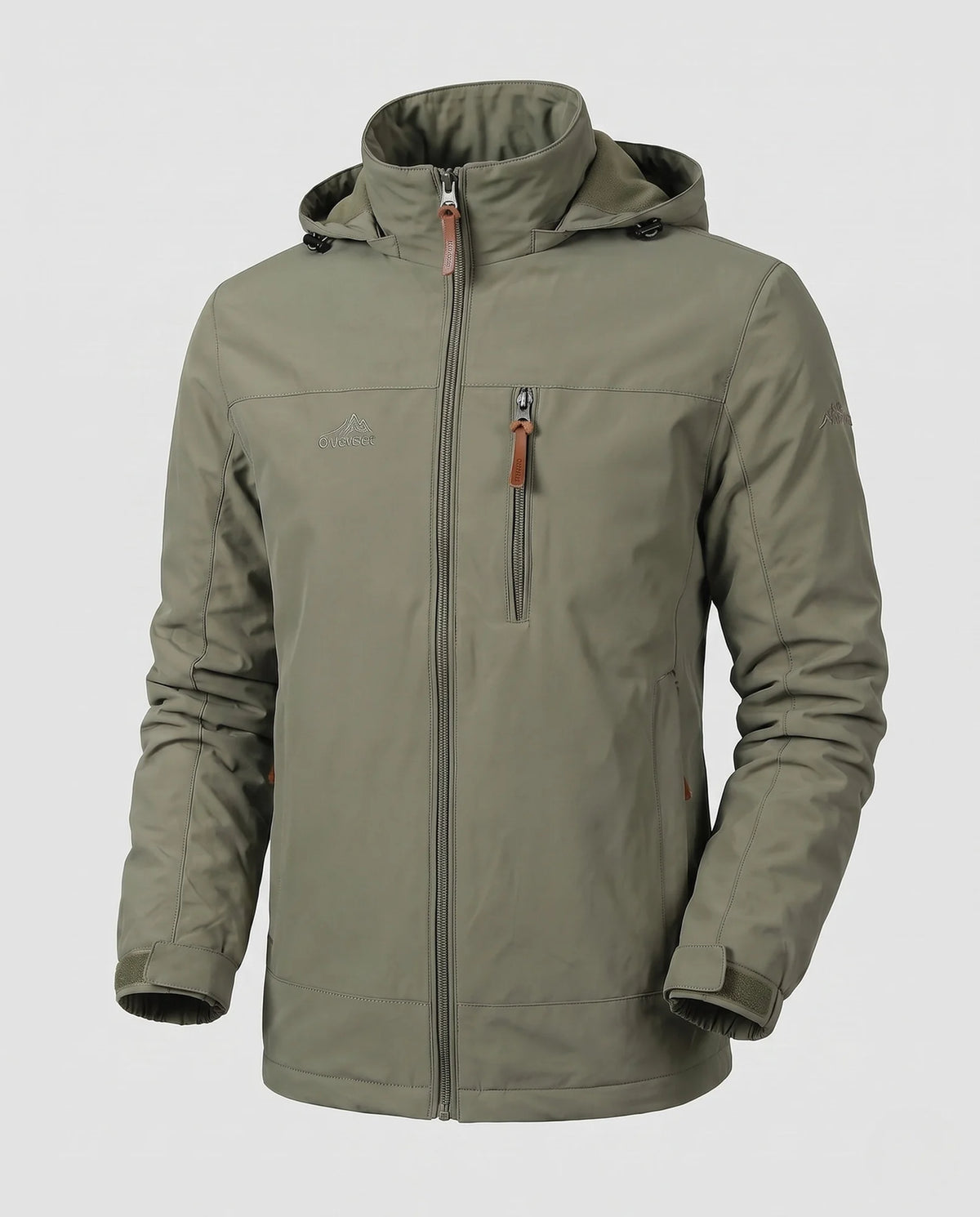 Olive Green Men's Everyday Softshell Jacket with Hooded Design & Zip Pockets - Flat Lay