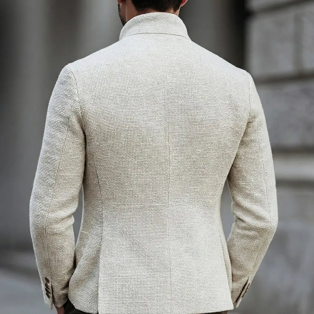 White Men's Tailored Button Cardigan with Stand Collar & Chest Pocket - Back Full View