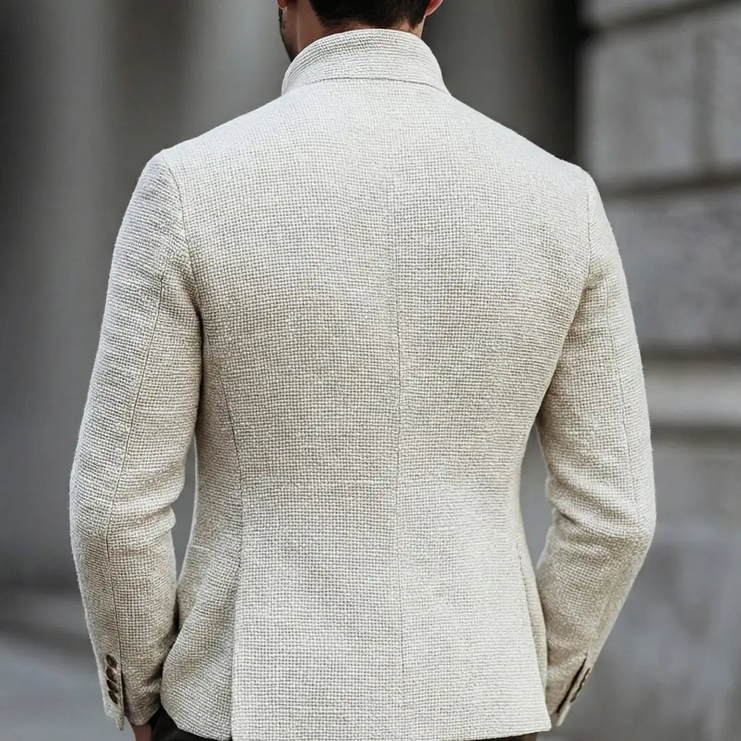 White Men's Tailored Button Cardigan with Stand Collar & Chest Pocket - Back Full View