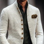 White Men's Tailored Button Cardigan with Stand Collar & Chest Pocket - Close Up Collar Pocket