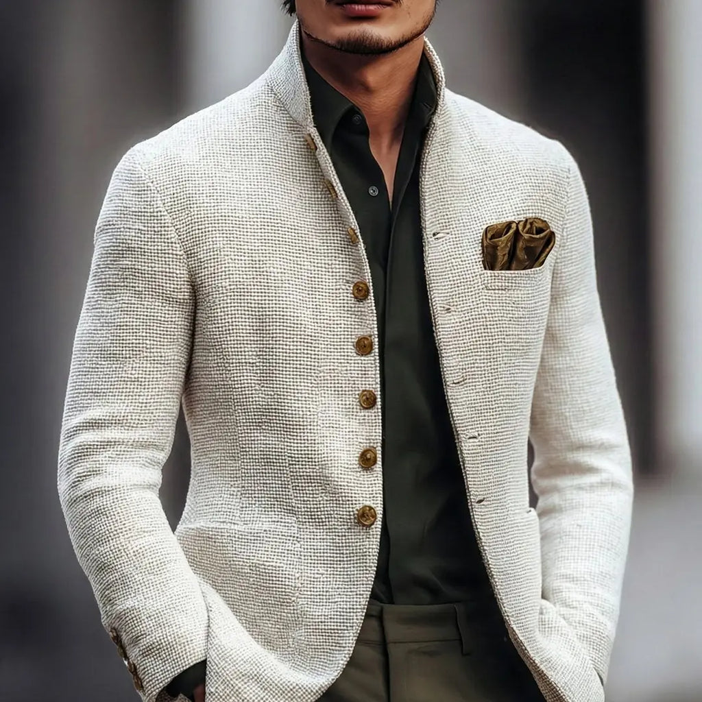 White Men's Tailored Button Cardigan with Stand Collar & Chest Pocket - Front Detail Outdoor