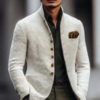 White Men's Tailored Button Cardigan with Stand Collar & Chest Pocket - Front Detail Outdoor