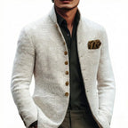 White Men's Tailored Button Cardigan with Stand Collar & Chest Pocket - Front Detail Studio