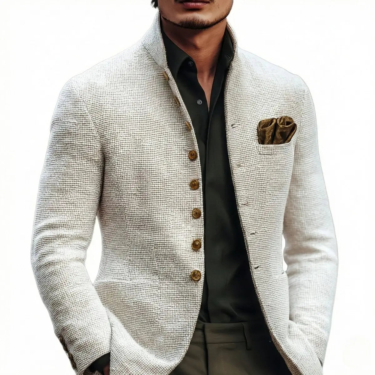 White Men's Tailored Button Cardigan with Stand Collar & Chest Pocket - Front Detail Studio