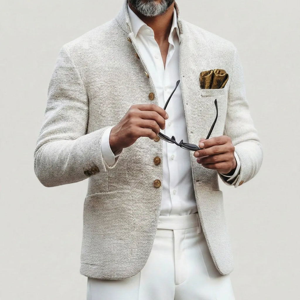 White Men's Tailored Button Cardigan with Stand Collar & Chest Pocket - Front With Sunglasses