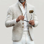 White Men's Tailored Button Cardigan with Stand Collar & Chest Pocket - Front With Sunglasses
