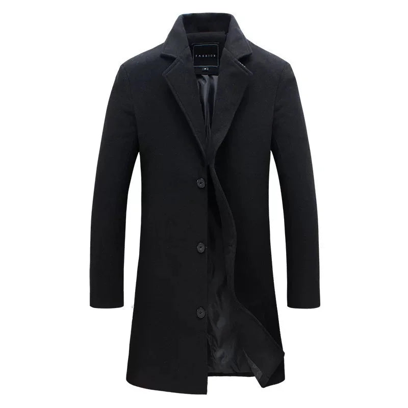Black Men's Tailored Overcoat with Notched Lapel & Relaxed Longline Fit