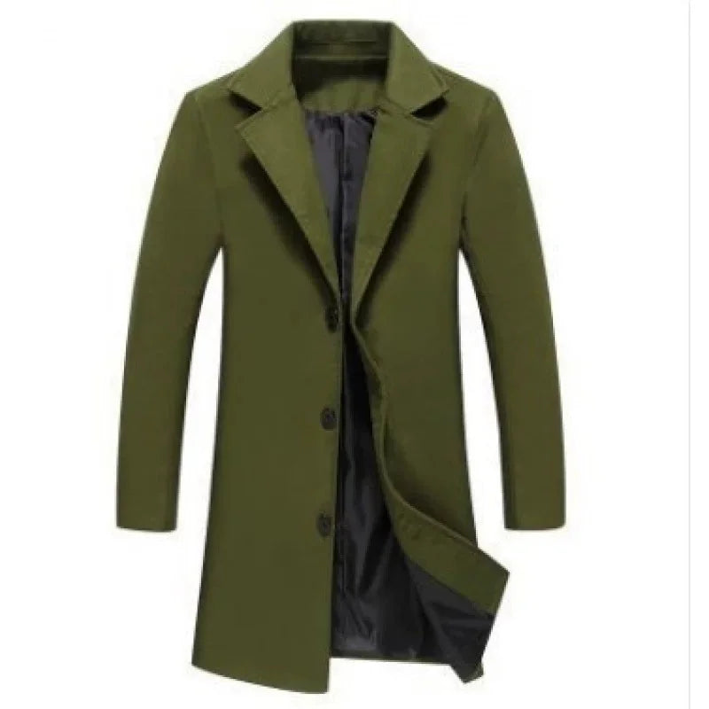 Green Men's Tailored Overcoat with Notched Lapel & Relaxed Longline Fit