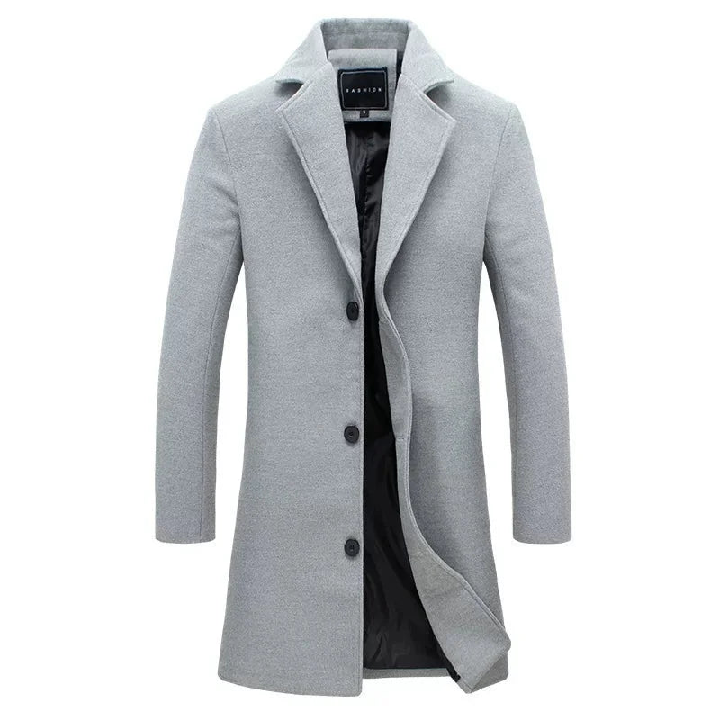 Light Grey Men's Tailored Overcoat with Notched Lapel & Relaxed Longline Fit