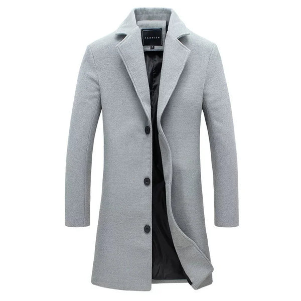 Light Grey Men's Tailored Overcoat with Notched Lapel & Relaxed Longline Fit