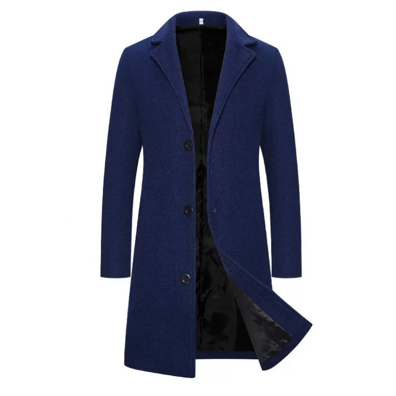Navy Blue Men's Tailored Overcoat with Notched Lapel & Relaxed Longline Fit - Front Drape