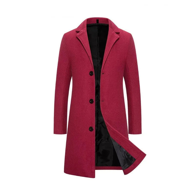 Wine Red Men's Tailored Overcoat with Notched Lapel & Relaxed Longline Fit - Front Buttoned