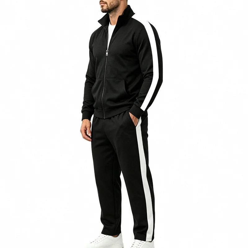 Black Men's Tracksuit Set with Contrast-Stripe Zip Jacket & Jogging Pants — Hudson