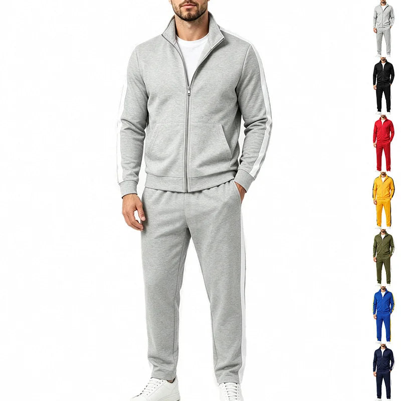 Light Gray Men's Tracksuit Set with Contrast-Stripe Zip Jacket & Jogging Pants - Front Full