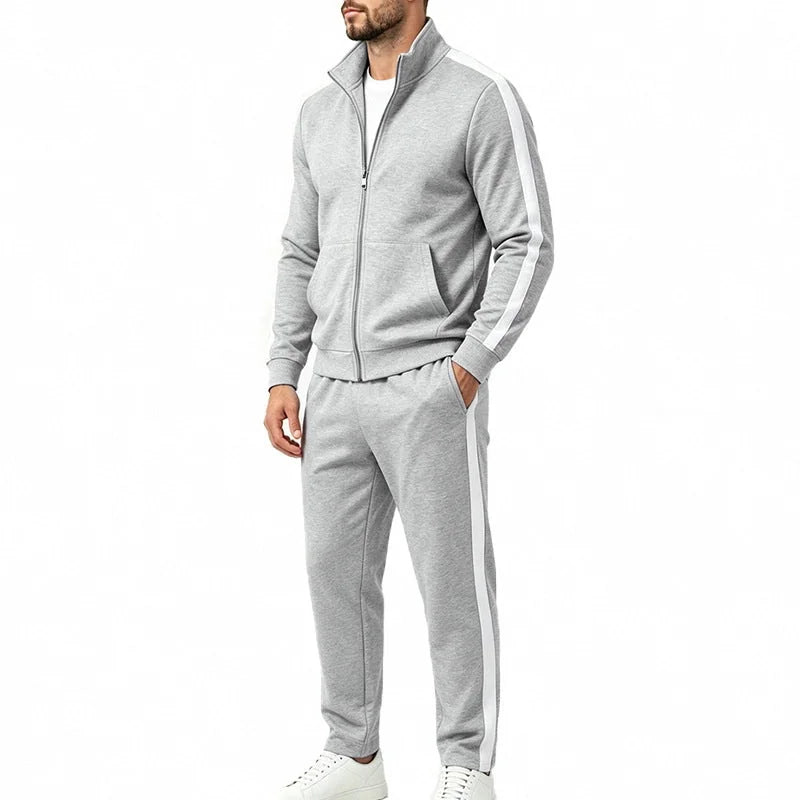 Men's Tracksuit Set with Contrast-Stripe Zip Jacket & Jogging Pants - Side Pose