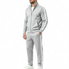 Men's Tracksuit Set with Contrast-Stripe Zip Jacket & Jogging Pants - Side Pose