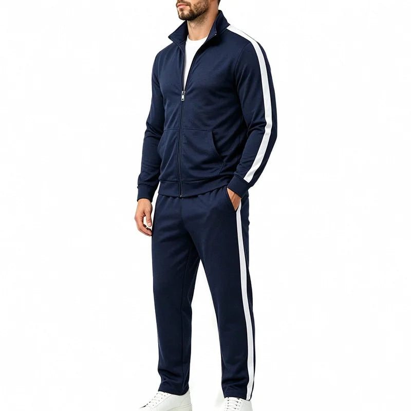Navy Blue Men's Tracksuit Set with Contrast-Stripe Zip Jacket & Jogging Pants - Side Pose