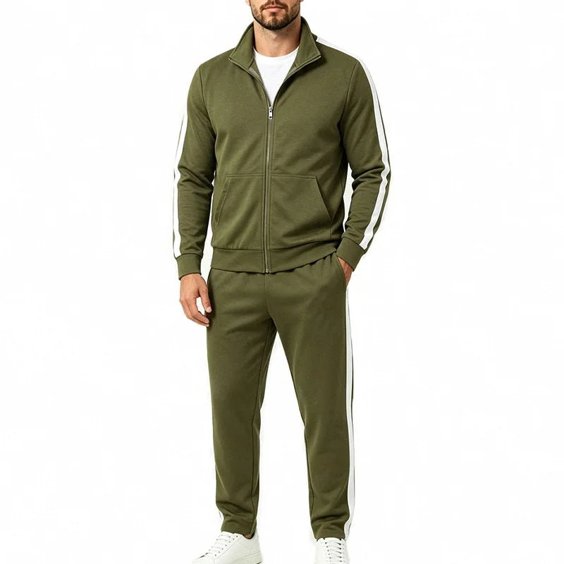 Olive Green Men's Tracksuit Set with Contrast-Stripe Zip Jacket & Jogging Pants - Front Full