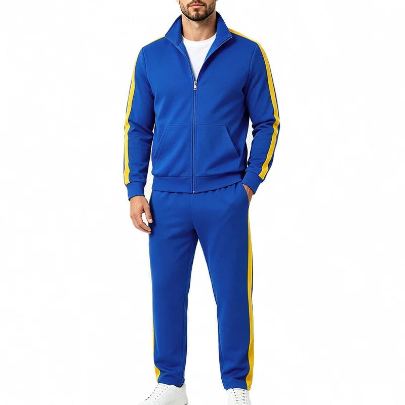 Royal blue Men's Tracksuit Set with Contrast-Stripe Zip Jacket & Jogging Pants - Front Full